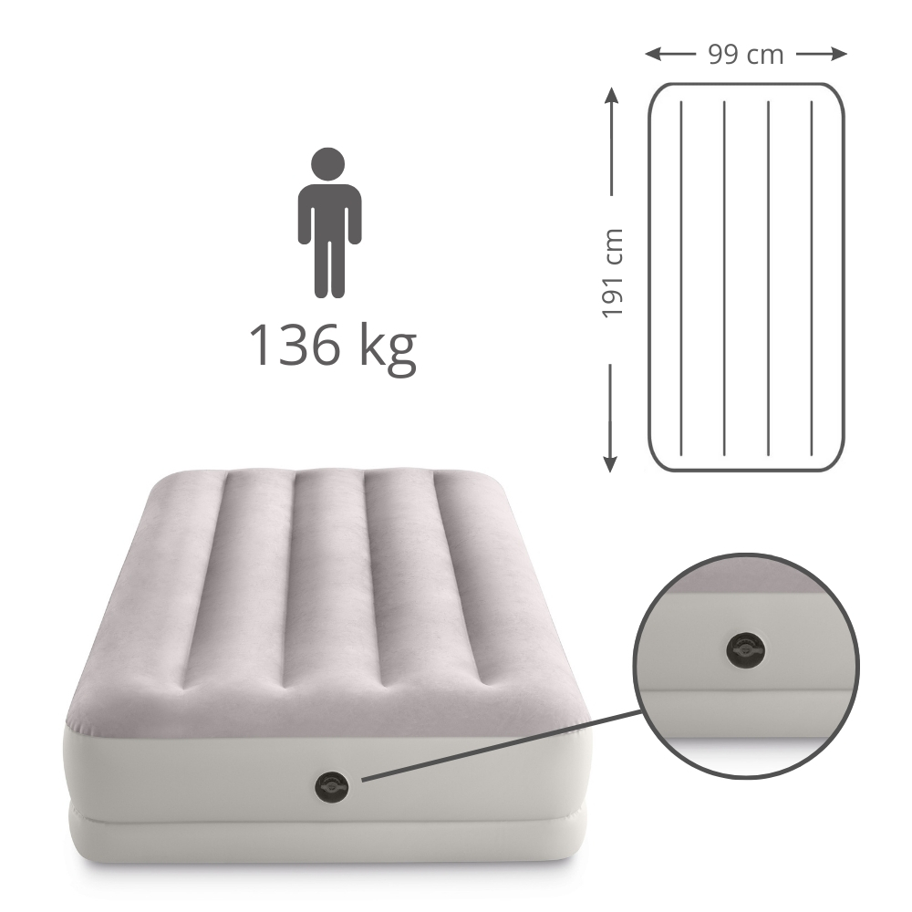 Light grey Intex airbed with dimensions details. Inset: valve details.