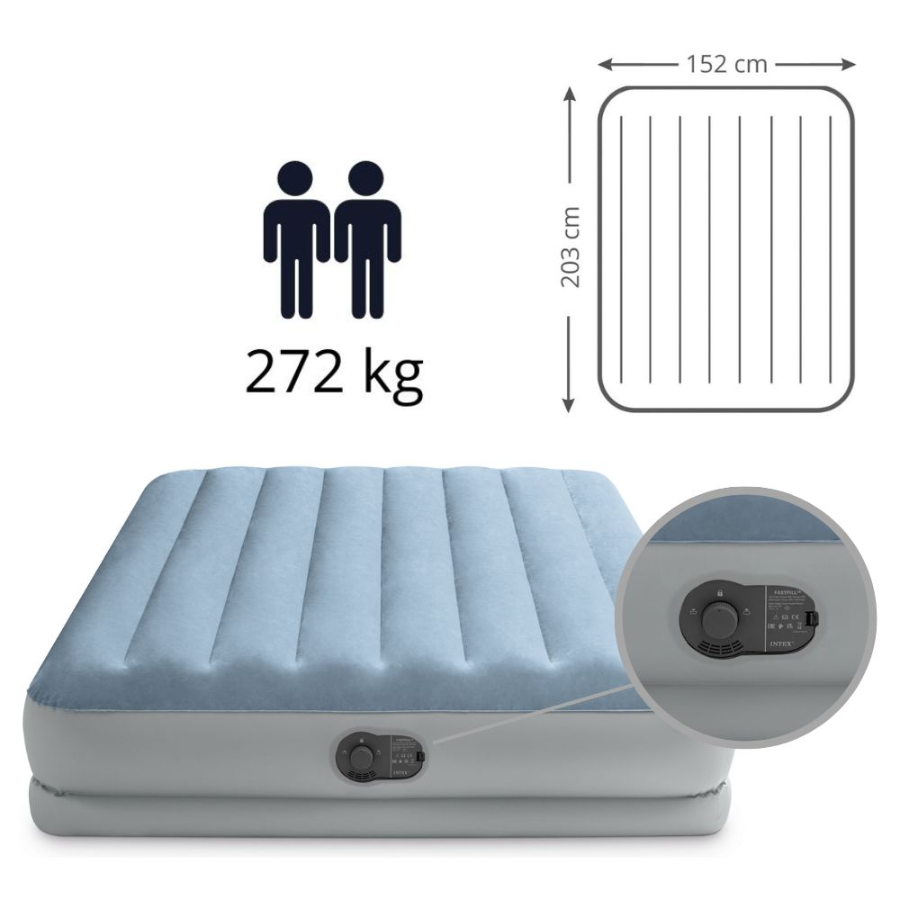 Un matelas pneumatique Intex pour deux personnes, capacité de 272 kg et dimensions à droite.
