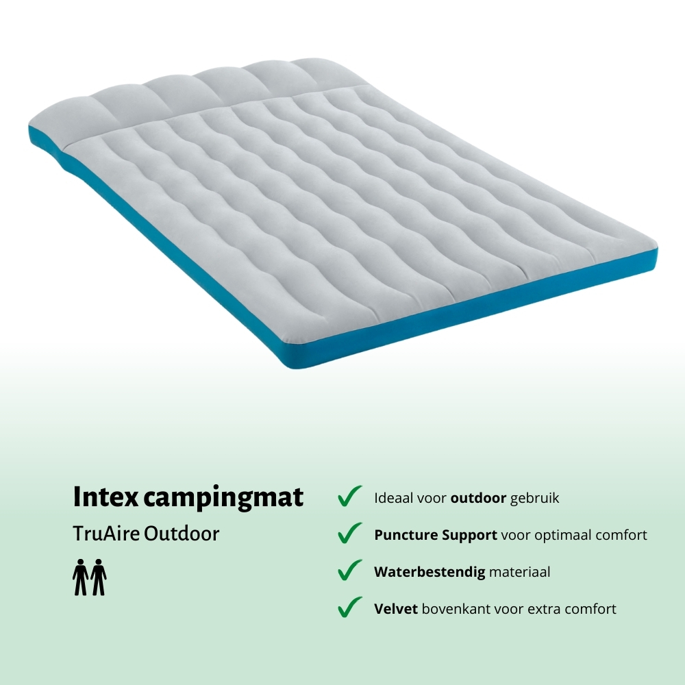 Een lichtgrijze en blauwe opblaasbare campingmat. Productdetails worden onder de mat getoond.