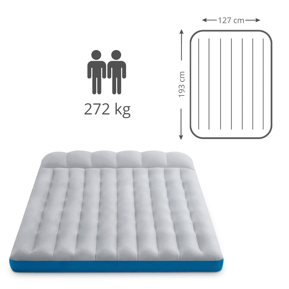 Wit en blauw luchtbed. Toont afmetingen en draagvermogen: 272 kg.