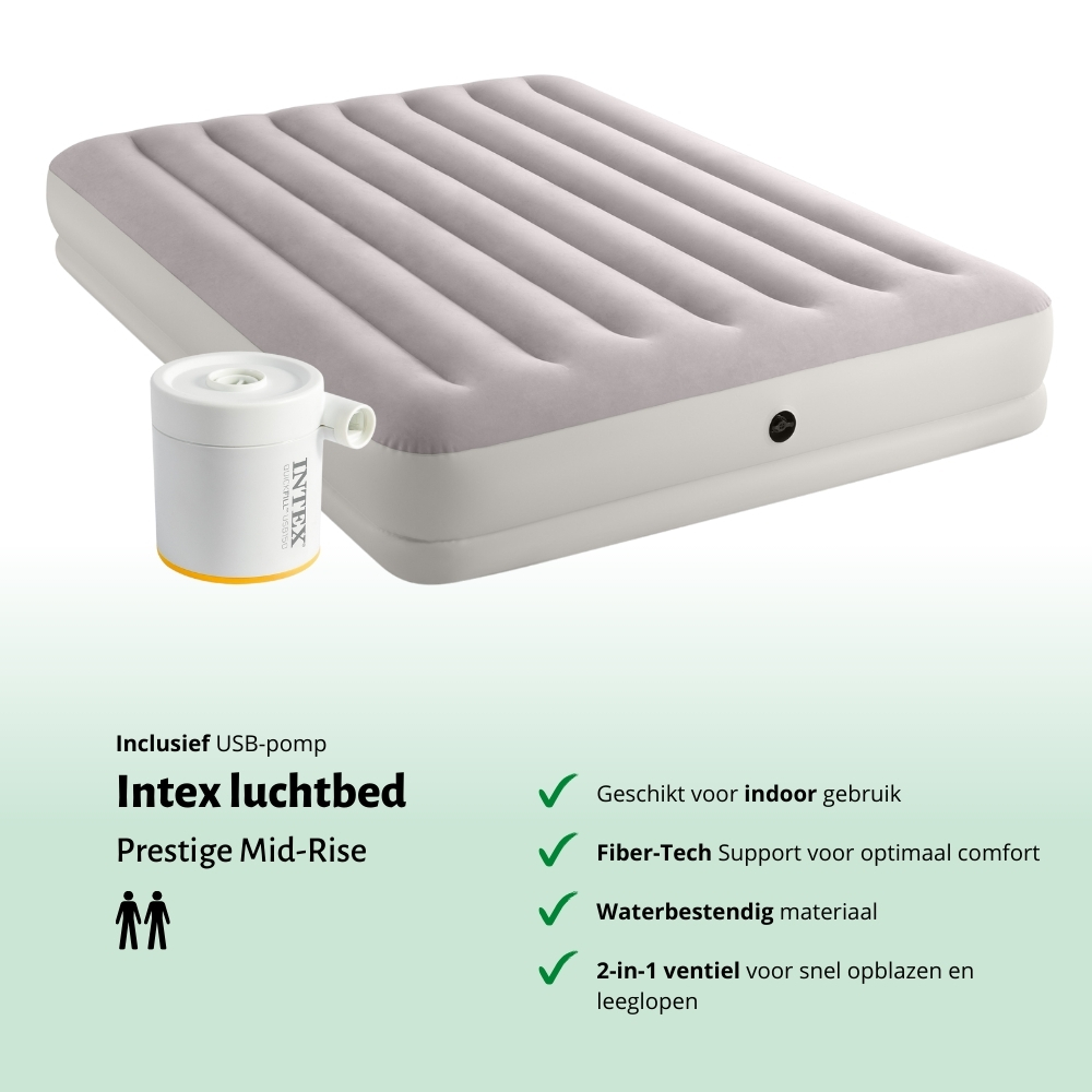 Intex air mattress with USB pump. Features include indoor use, Fiber-Tech support, water resistance, and a 2-in-1 valve.