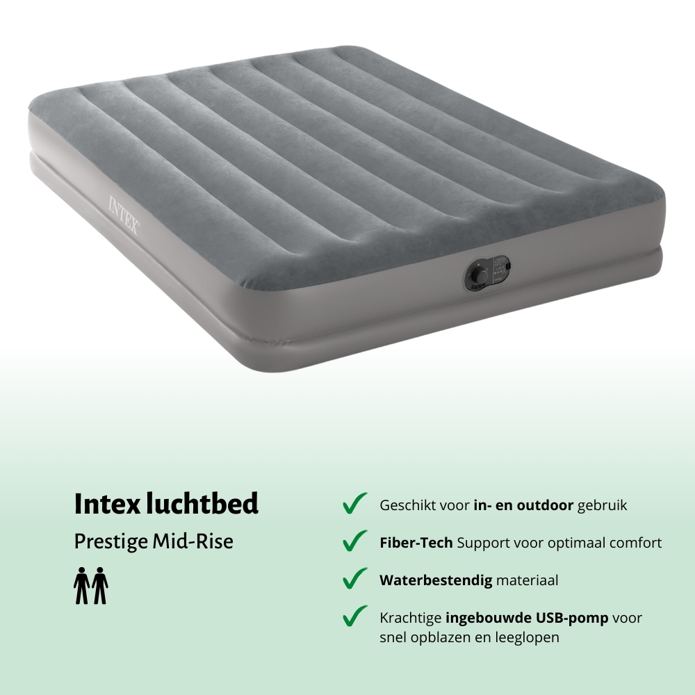 Gray inflatable mattress with Intex logo. Features are listed below, including USB pump.