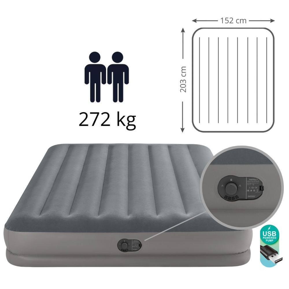 Gray airbed. Displays dimensions and weight capacity: 272 kg.  Has a USB powered pump.