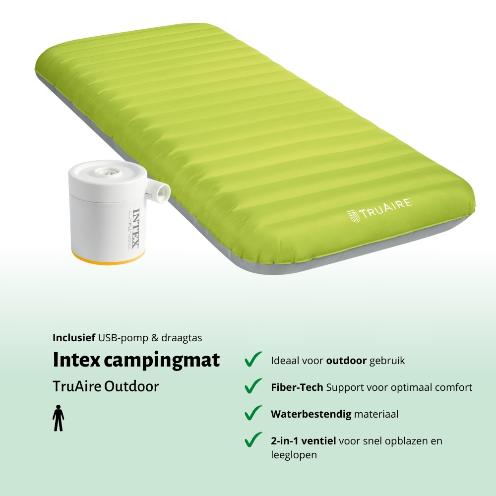 Intex campingmat met USB-pomp. Kenmerken: buitengebruik, Fiber-Tech ondersteuning, waterbestendigheid en een 2-in-1 ventiel.