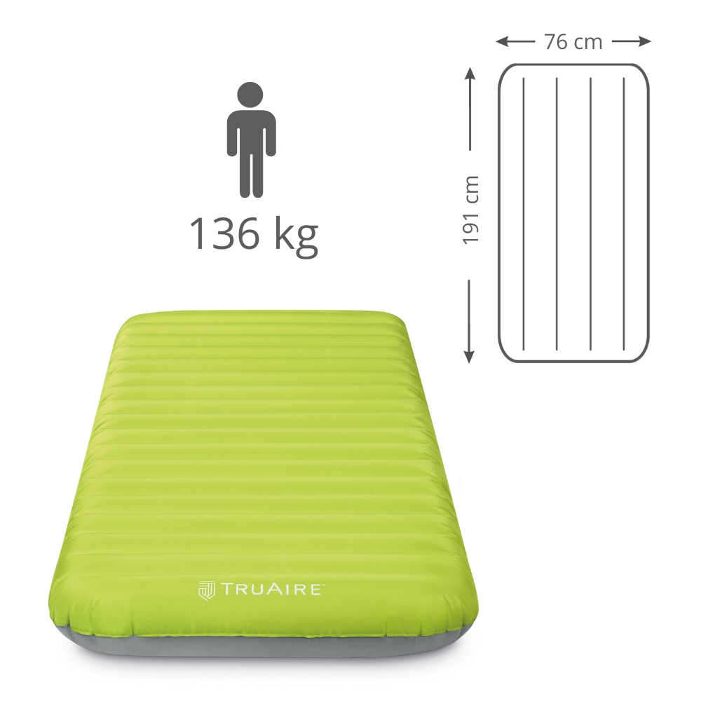 Groene Truaire opblaasbare matras. Capaciteit van 136 kg en afmetingen rechts.