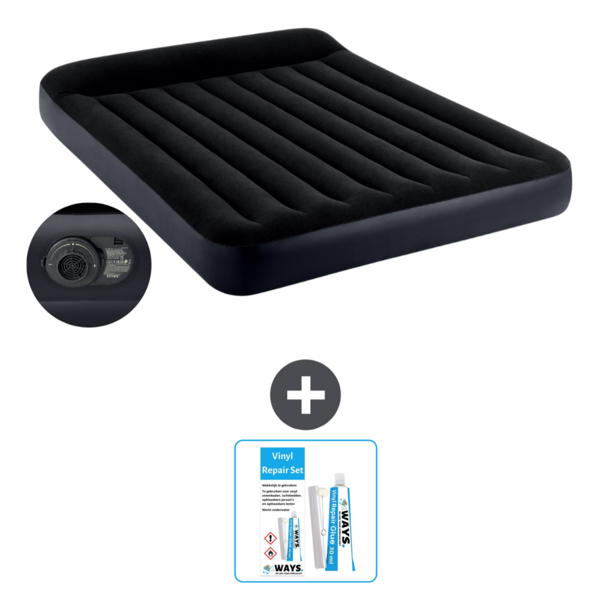 Matelas gonflable noir et un kit de réparation. Le kit de réparation comprend de la colle.
