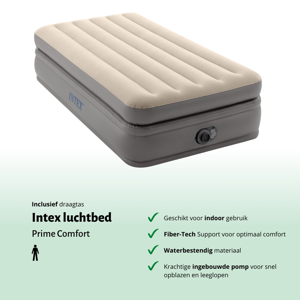 Beige en grijze opblaasmatras met het Intex-logo. Het heeft een ingebouwde pomp en is voor gebruik binnenshuis.