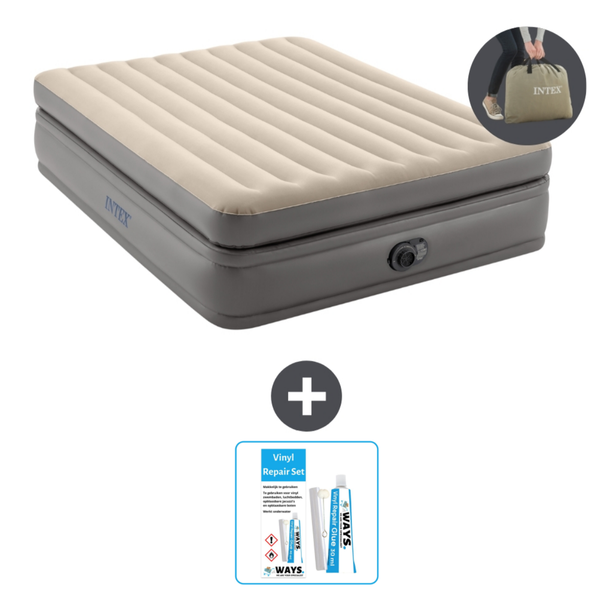 Een opblaasbaar bed, een pomp, een reparatieset en een opbergtas worden getoond.