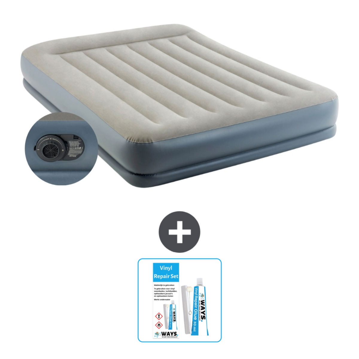 Lit gonflable beige et gris avec base bleu foncé, kit de réparation et un sac.