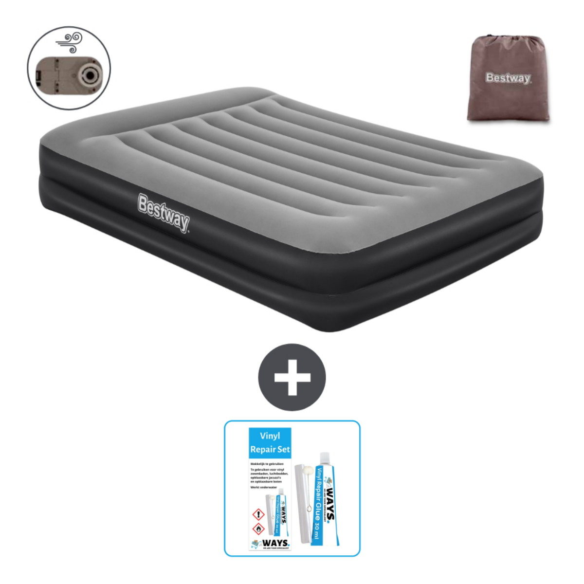 Grijze opblaasmatras, reparatieset en een Bestway draagtas. Witte achtergrond.