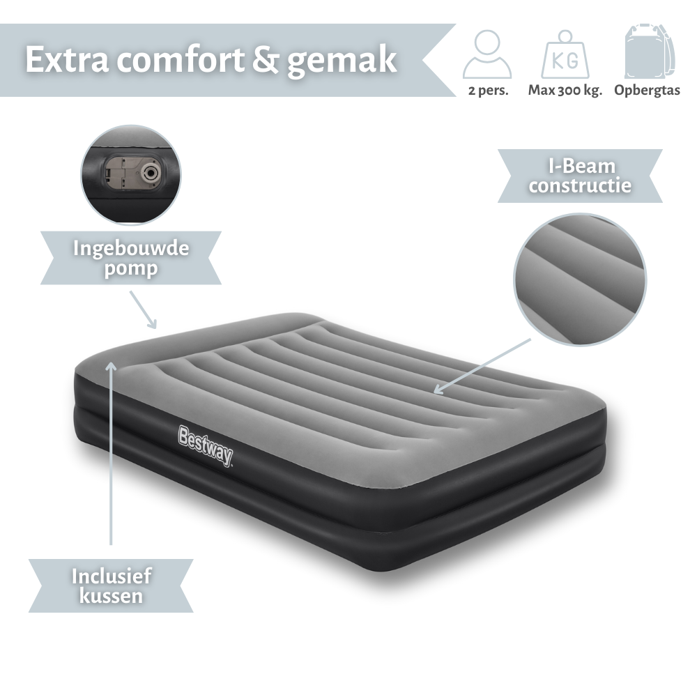 Grijs en zwart luchtbed met ingebouwde pomp en kussens. Het product is Bestway.