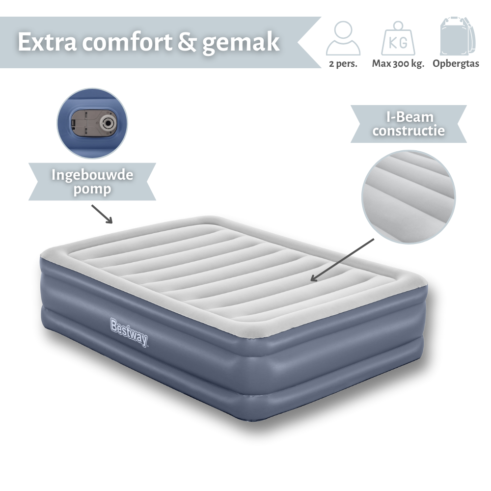 A blue air mattress with an integrated pump. It has a white top and is labeled as having extra comfort & ease.