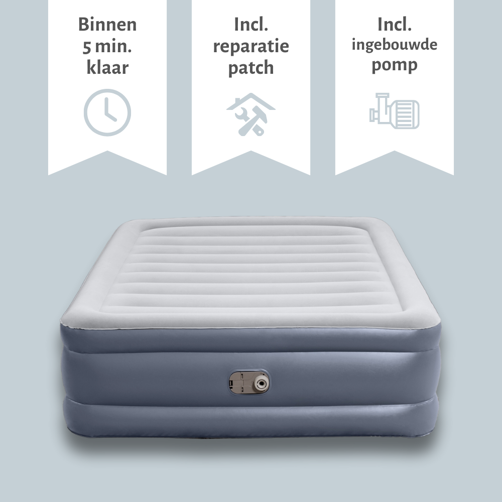 An inflatable grey mattress with icons for quick setup, repair patch, and built-in pump. Light grey background.