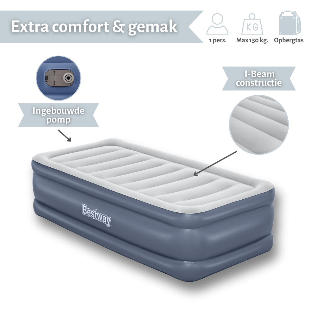 Een blauwe luchtmatras met een geïntegreerde pomp. Het heeft een witte bovenkant en is gelabeld als extra comfortabel en gemakkelijk.