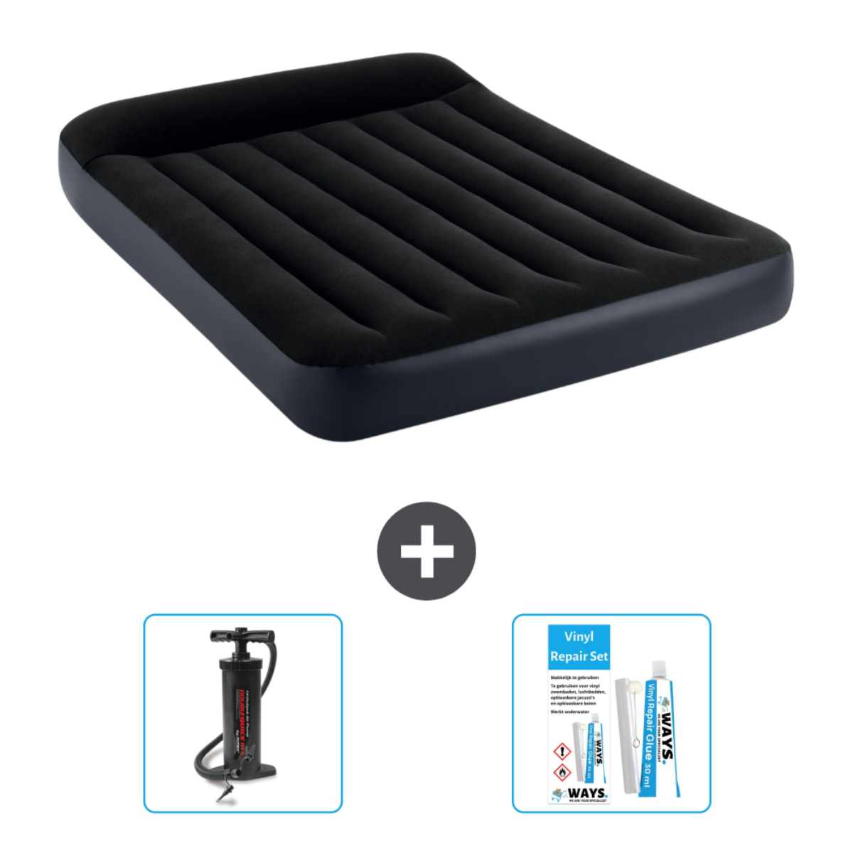 Matelas pneumatique noir avec une pompe manuelle et un kit de réparation vinyle. Isolé sur fond blanc.