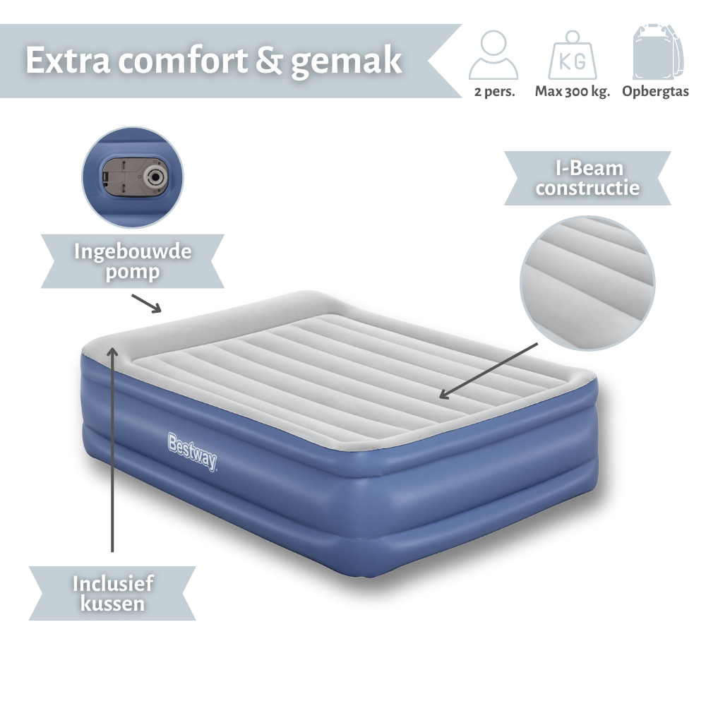 Een blauwe luchtmatras met een geïntegreerde pomp. Het heeft een witte bovenkant, is gelabeld als extra comfortabel en bevat kussens.