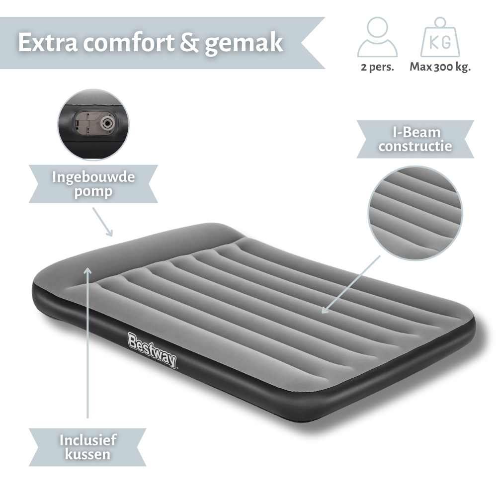 Matelas gonflable Bestway gris avec pompe intégrée et oreiller inclus. Caractéristiques: construction I-beam. Fond blanc.