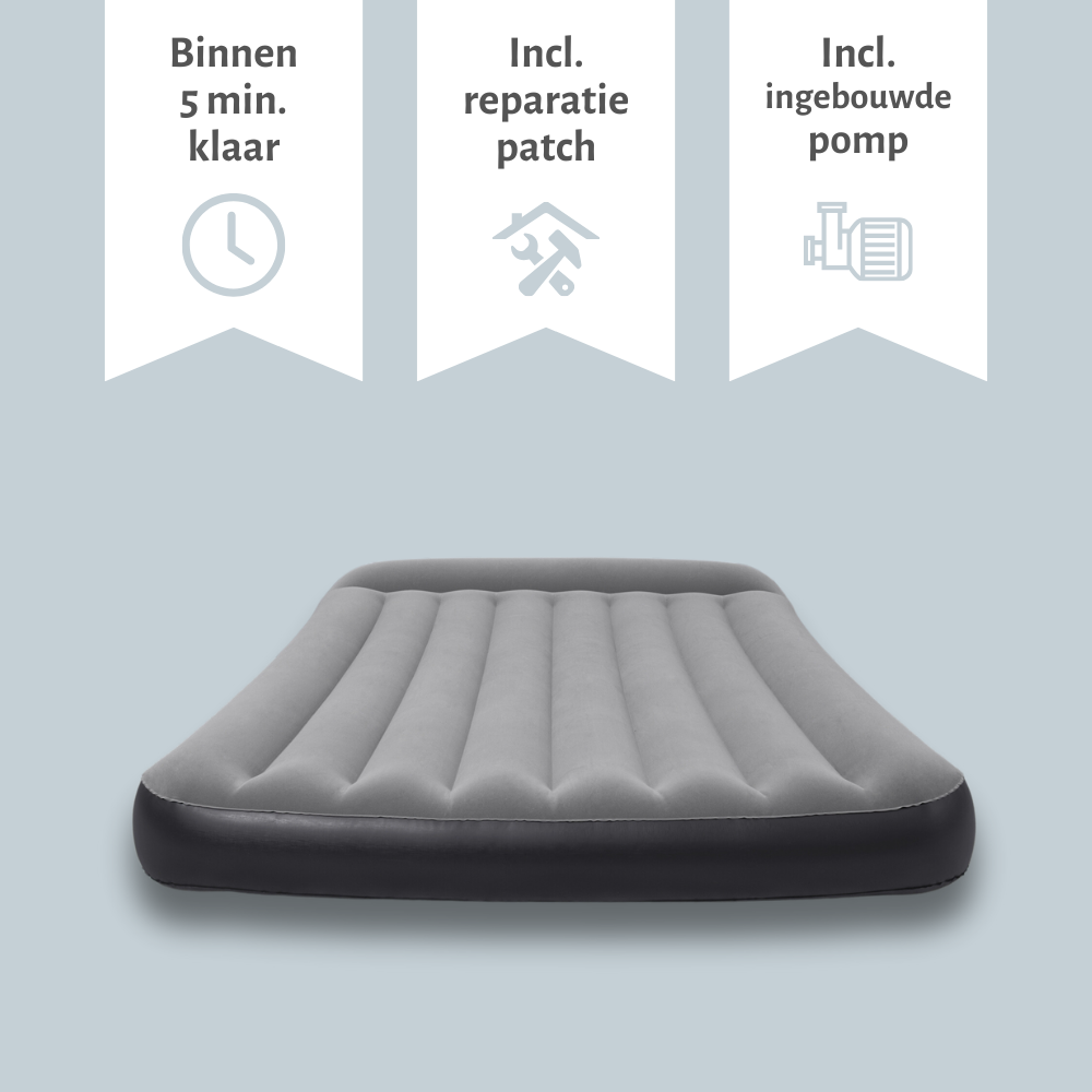 Un matelas gonflable gris avec bord noir. Les icônes indiquent qu'il est prêt en 5 minutes.