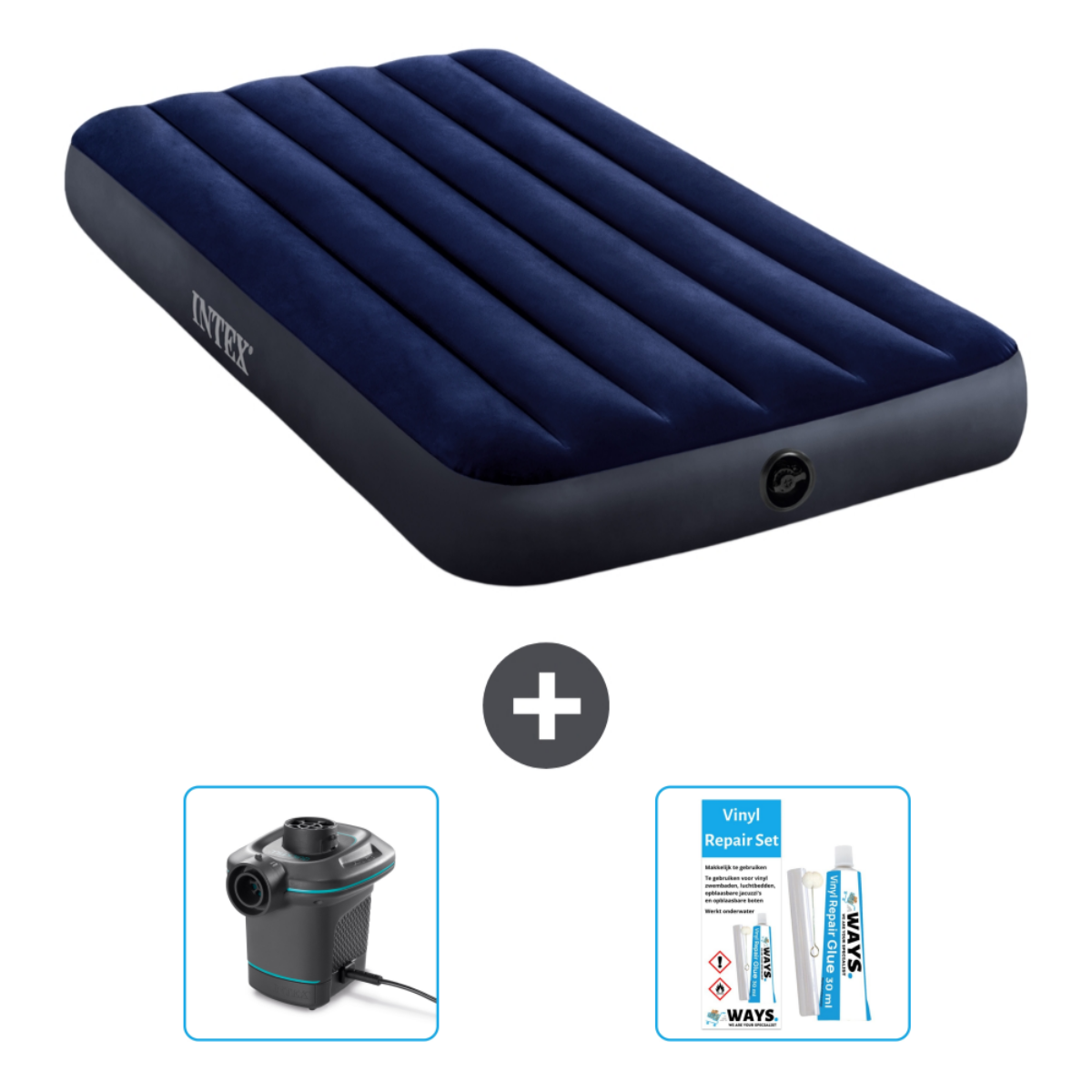 Lit gonflable Intex bleu foncé avec kit de réparation et pompe électrique.