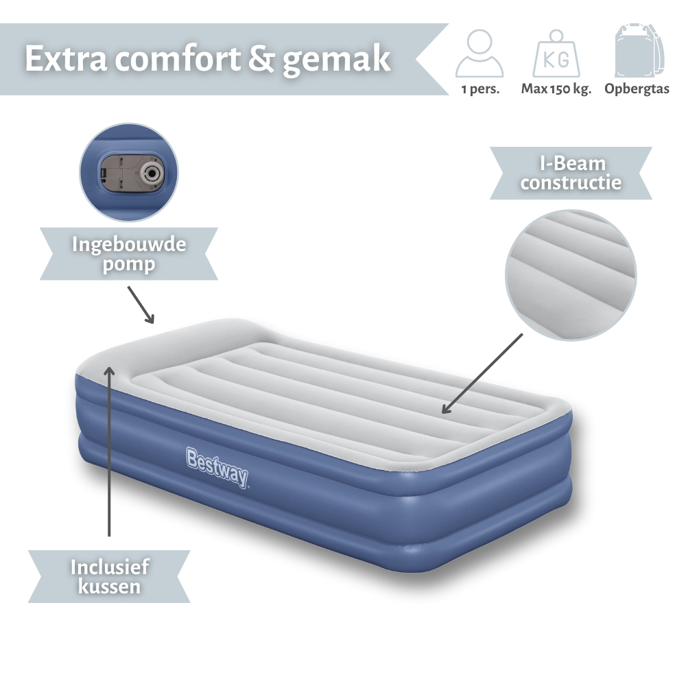 Bestway opblaasbed met blauwe basis. Kenmerken: kussen, ingebouwde pomp en I-Beam.