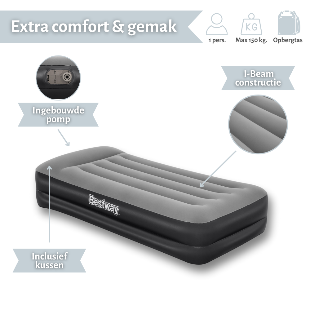 Enkele grijze Bestway luchtmatras met ingebouwde pomp, inclusief kussen. Kenmerken zijn I-beam constructie. Witte achtergrond.