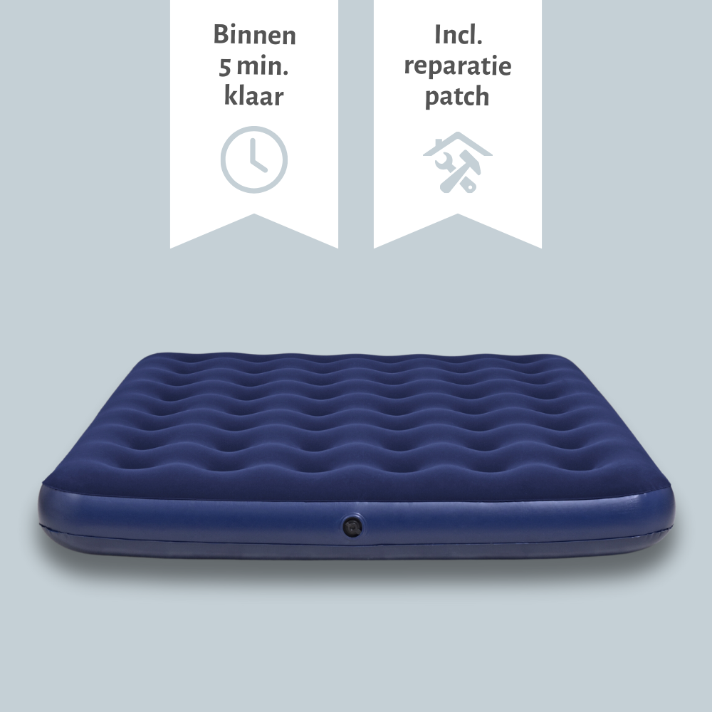 Matelas gonflable bleu avec icônes temps et réparation. Texte : Prêt en 5 min.