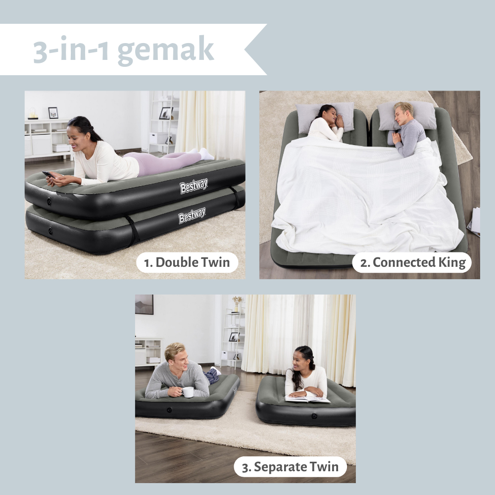 Drei Bilder zeigen ein aufblasbares Matratzensetup in verschiedenen Konfigurationen.