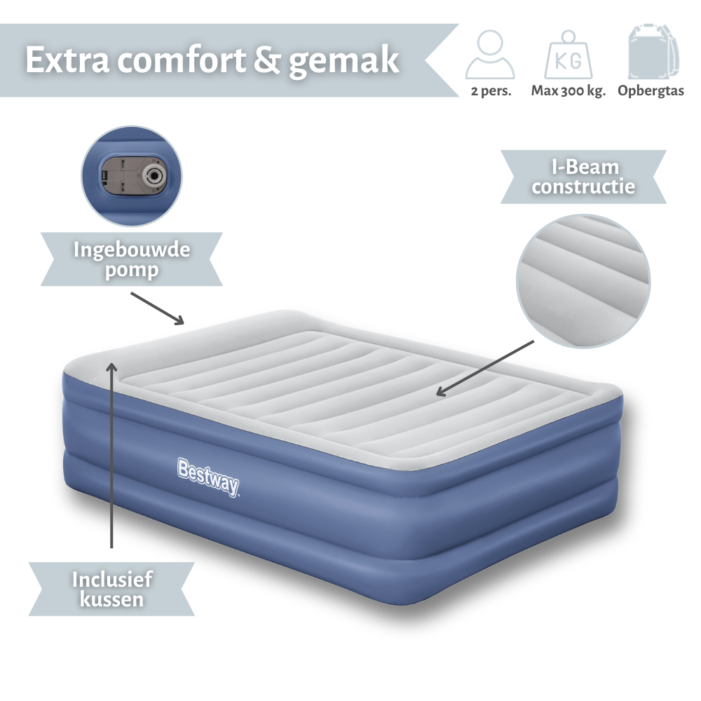Lit gonflable bleu avec pompe intégrée et oreiller. Texte : Confort et facilité supplémentaires.