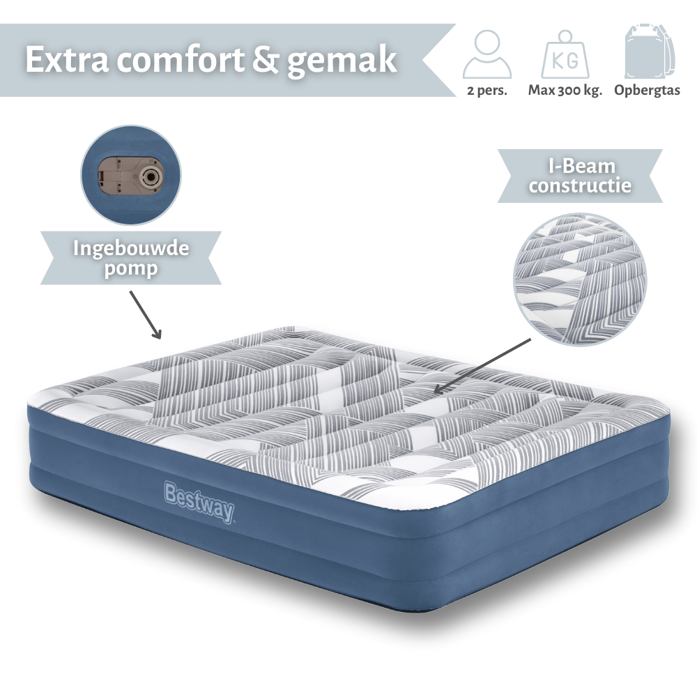 Blauw opblaasbed met een uniek wit patroon, ingebouwde pomp. Tekst: Extra comfort & gemak.