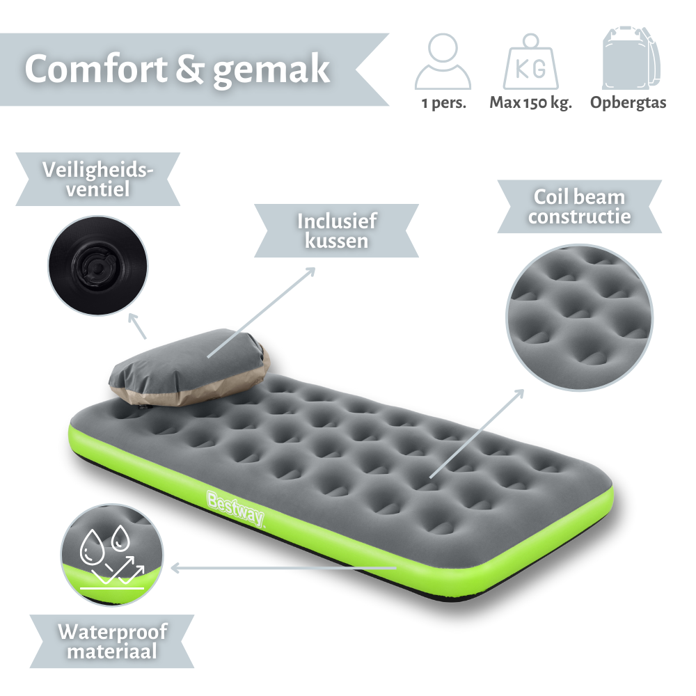 Matelas pneumatique simple gris et vert avec oreiller, construction à poutre hélicoïdale et matériau imperméable. Fond blanc.