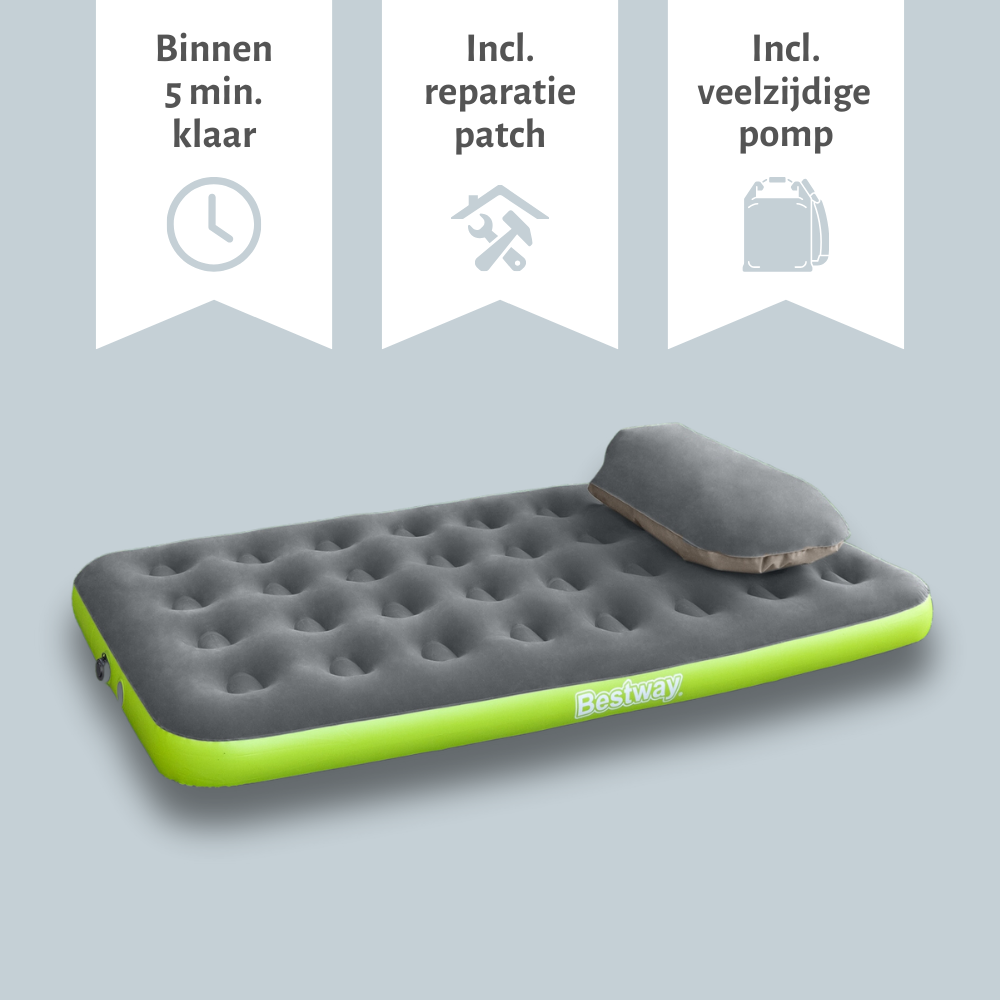 Lit gonflable avec bord vert et logo Bestway. Livré avec oreiller et pompe polyvalente.