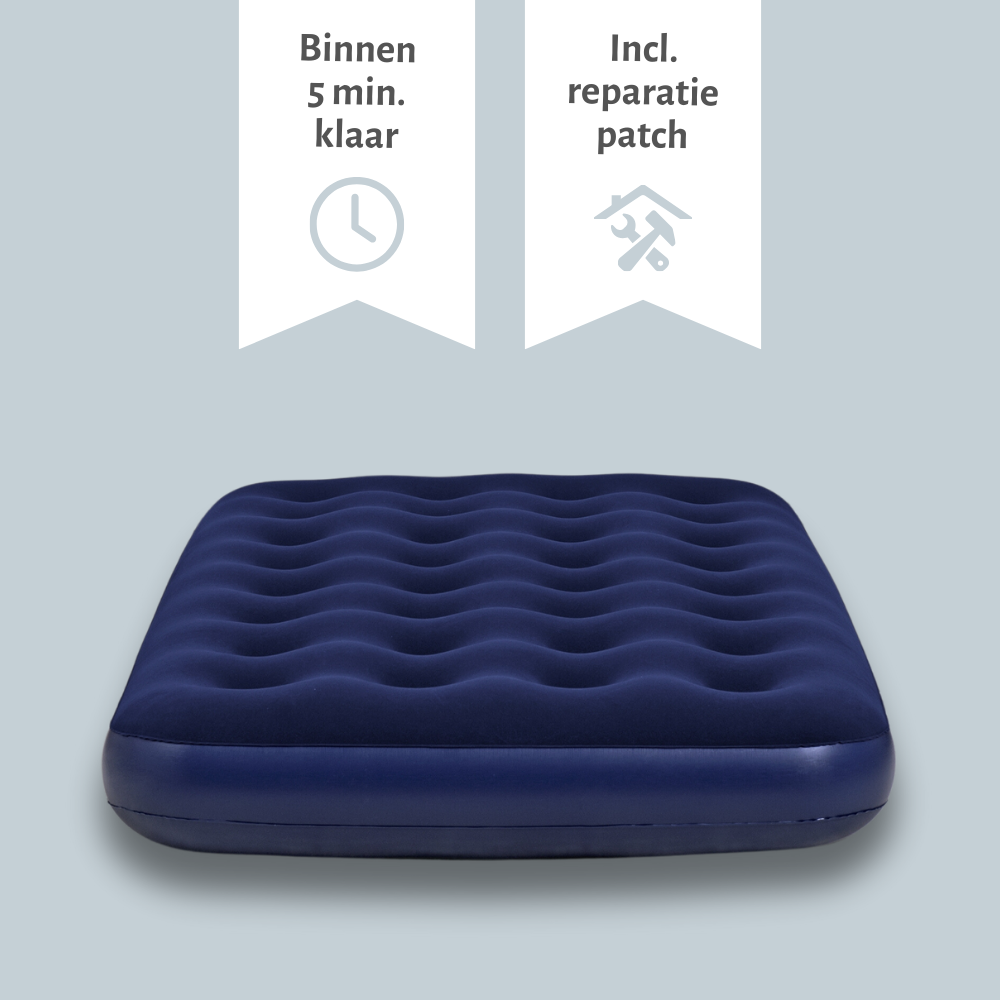 Opblaasbed, marineblauw, met iconen voor snelle installatie en reparatiepatch.
