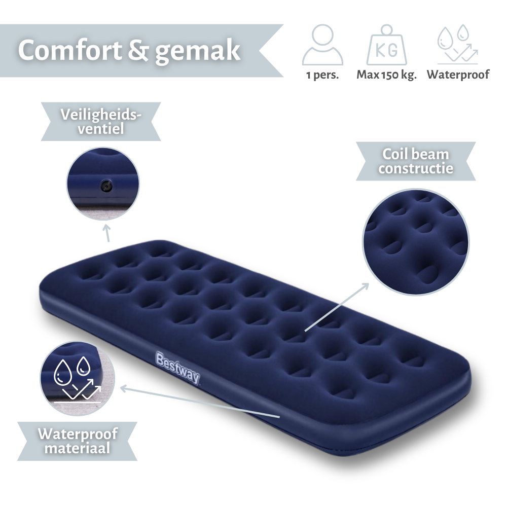 Matelas gonflable Bestway bleu foncé avec valve de sécurité, matériau imperméable et construction à poutre hélicoïdale. Fond blanc.