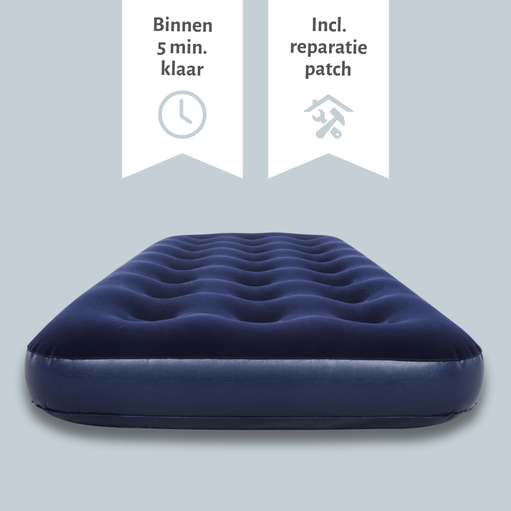 Matelas gonflable bleu marine avec sections surélevées. Comprend un patch de réparation et des instructions.