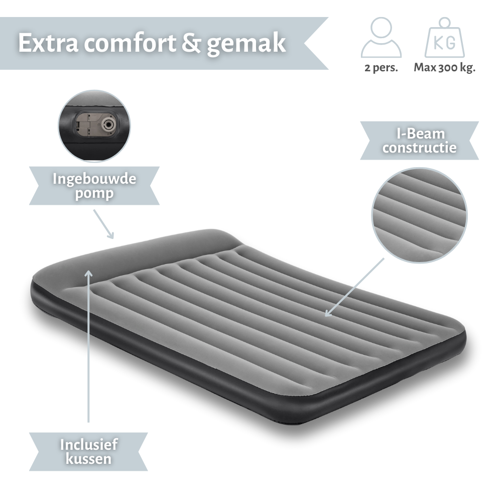 Grey Bestway air mattress with built-in pump and included pillow. Features include I-beam construction. White bg.