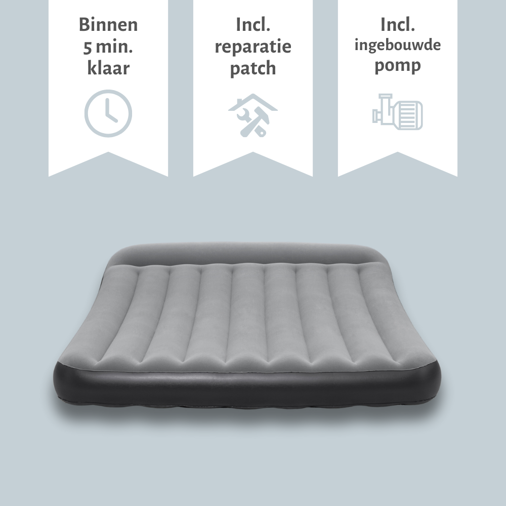 Grey and black air mattress with time, repair patch icons. Ready in 5 min.