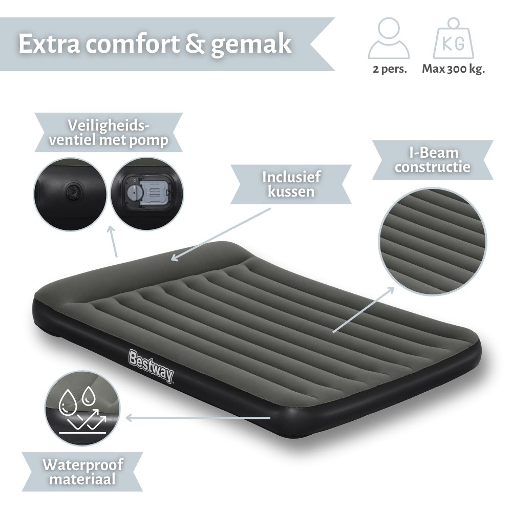 Matelas gonflable gris et noir avec caractéristiques et spécifications étiquetées.