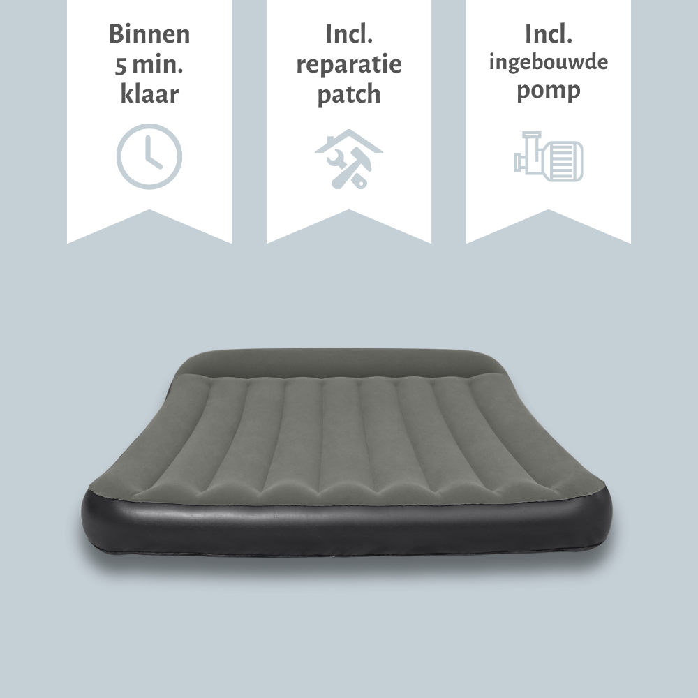 Matelas gonflable gris avec icônes de temps, patch et pompe.