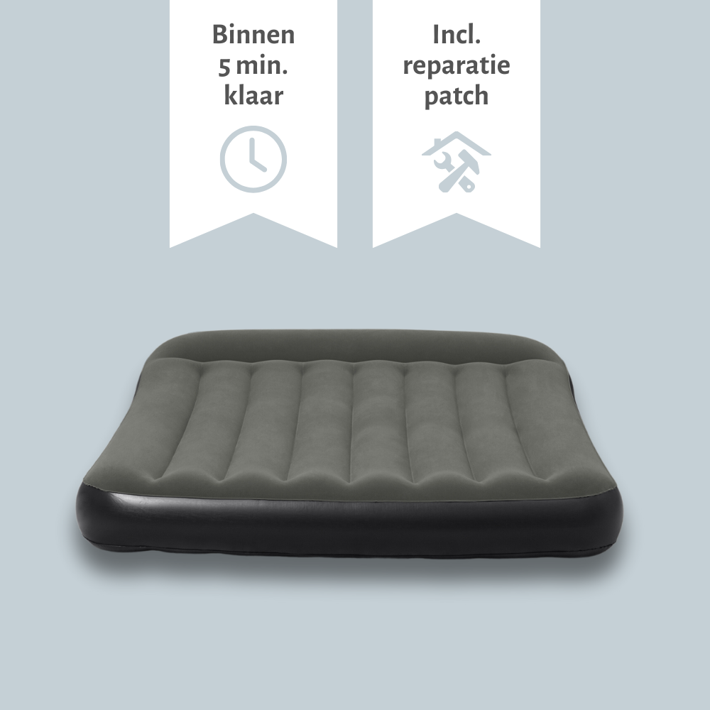 Grijs opblaasbaar matras met iconen voor tijd en patch.