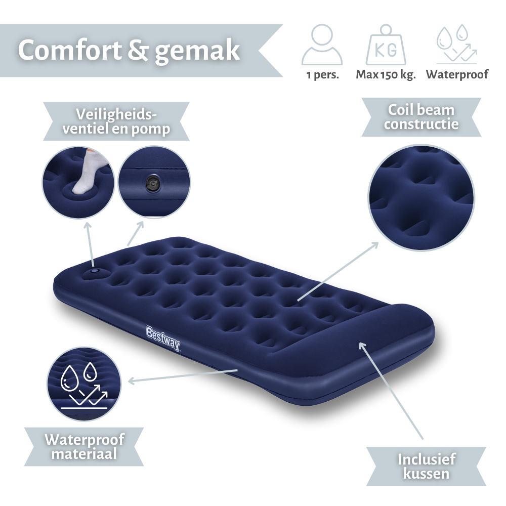 Blauwe opblaasbare matras met witte details. Kenmerken zijn een kussen en waterdicht materiaal.