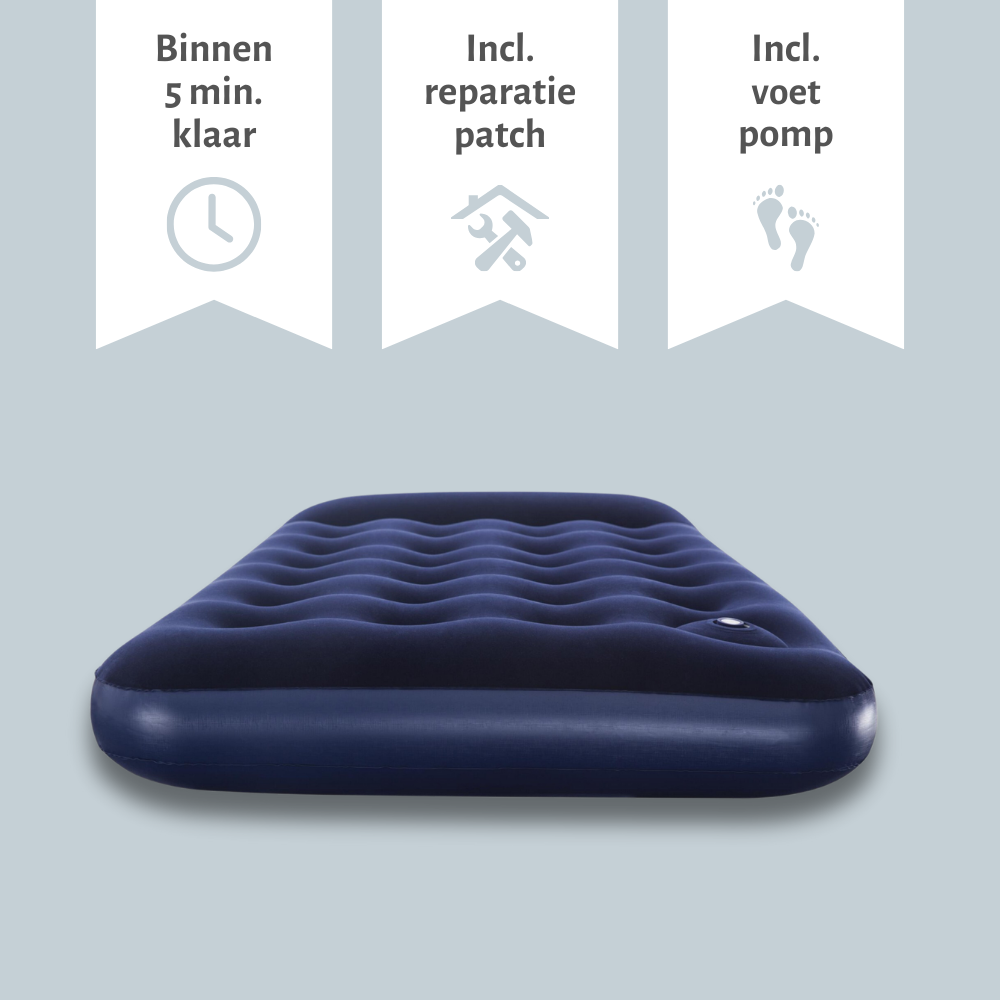 Opblaasbaar blauw matras met tekst: 5 min klaar, reparatiepatch incl., voetpomp incl.