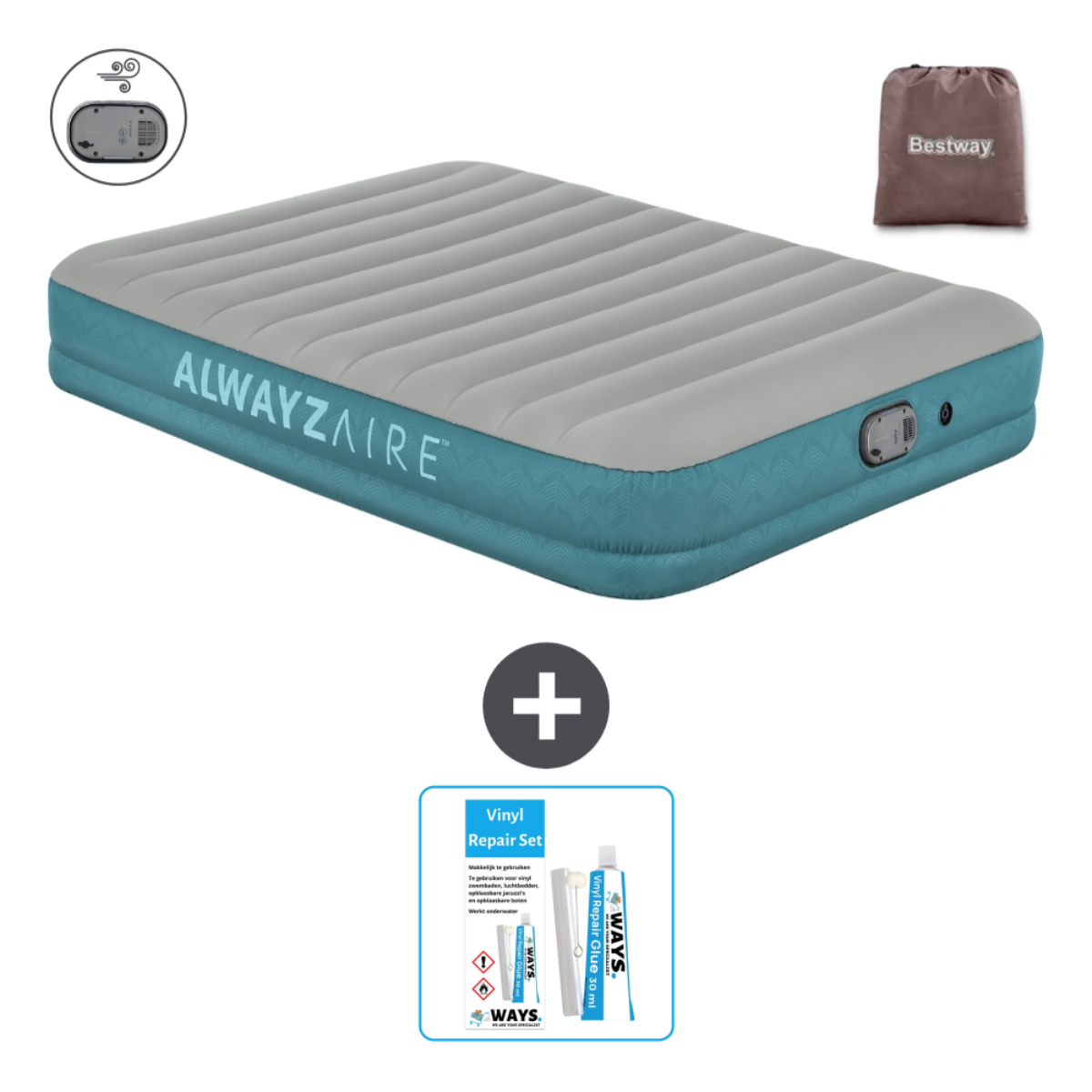 Een luchtmatras met grijs bovendeel, teal zijkanten en reparatieset. Inclusief draagtas en pomp.