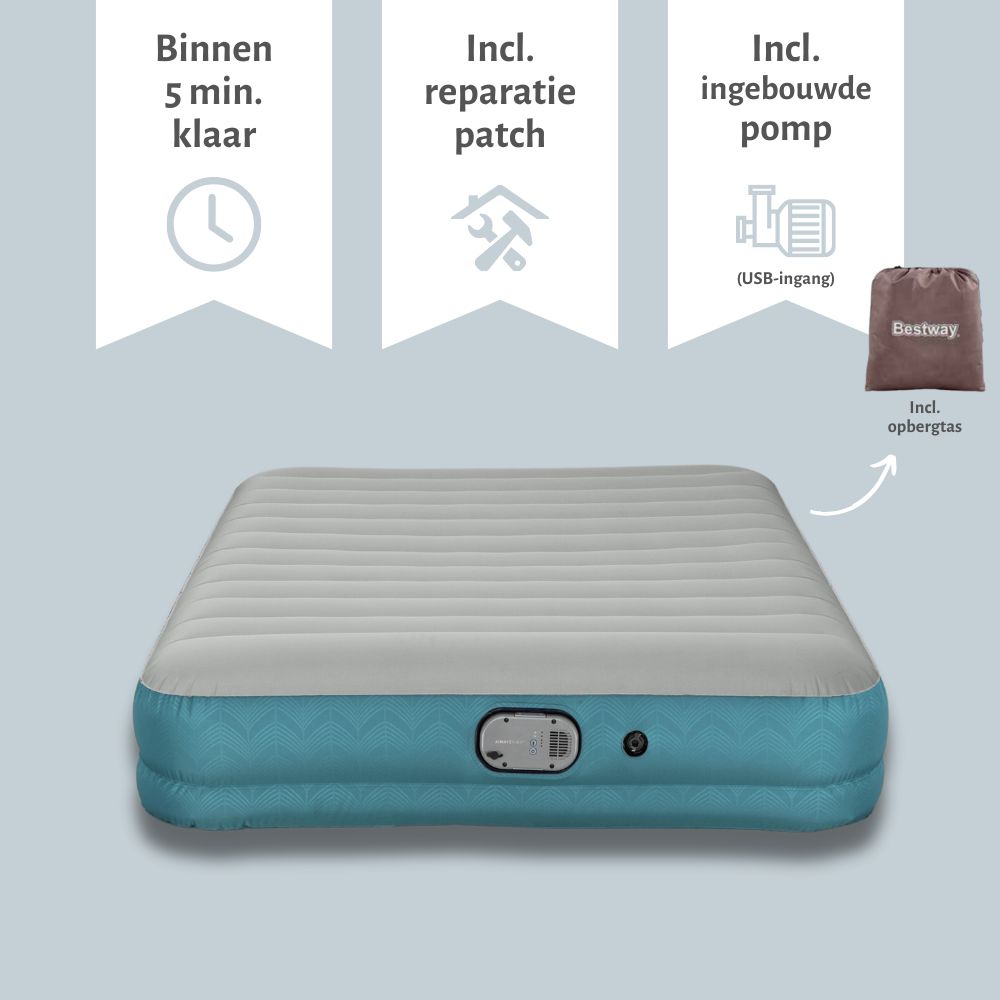 Een opblaasbare matras met een grijs en blauwgroen design, ingebouwde pomp en opbergtas.