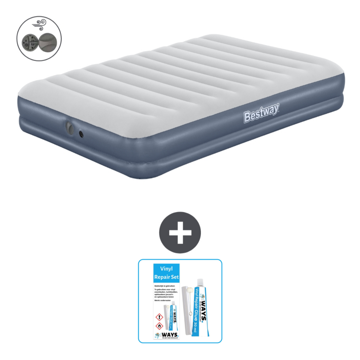 Matelas gonflable avec kit de réparation. Couleurs grise et blanche.