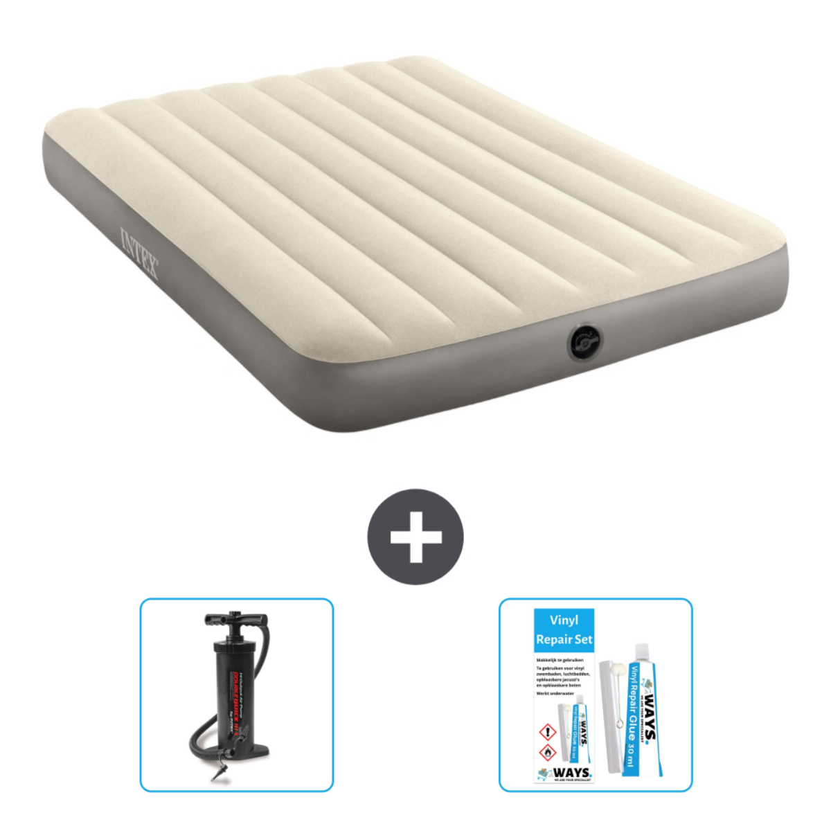 Matelas gonflable beige avec bord gris, pompe manuelle et kit de réparation. Marque Intex.