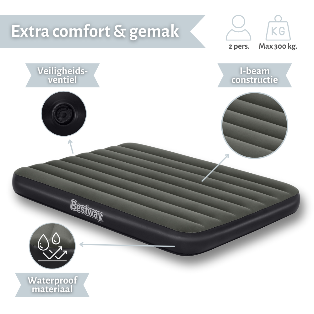 Un matelas gonflable gris avec bordure noire. Détails incluent valve de sécurité et matériau imperméable.