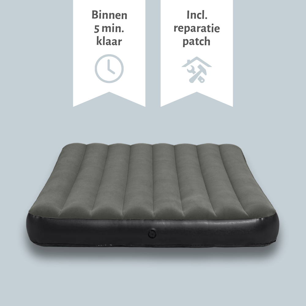 Matelas gonflable gris avec icônes de temps et patch.