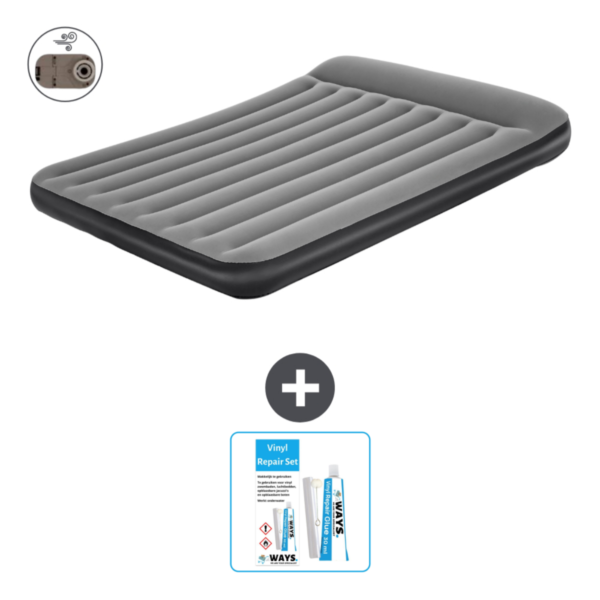 Matelas gonflable gris avec pompe à air et kit de réparation. Le matelas est rectangulaire.