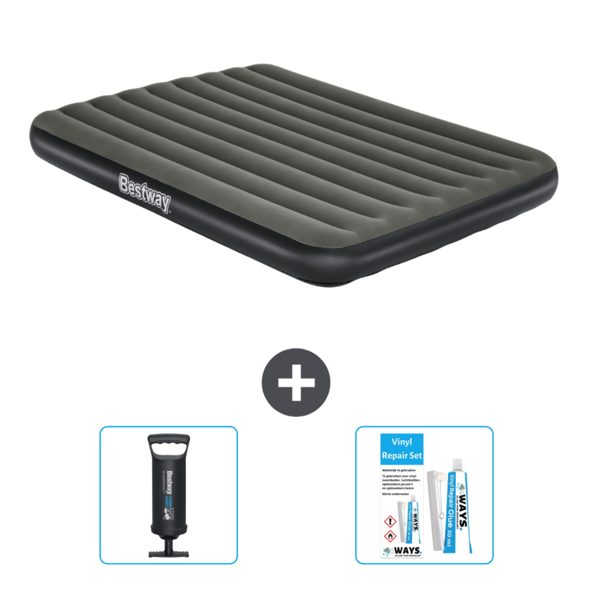 Een donkergrijs luchtmatras, pomp en reparatieset op een witte achtergrond. Merknaam is Bestway.