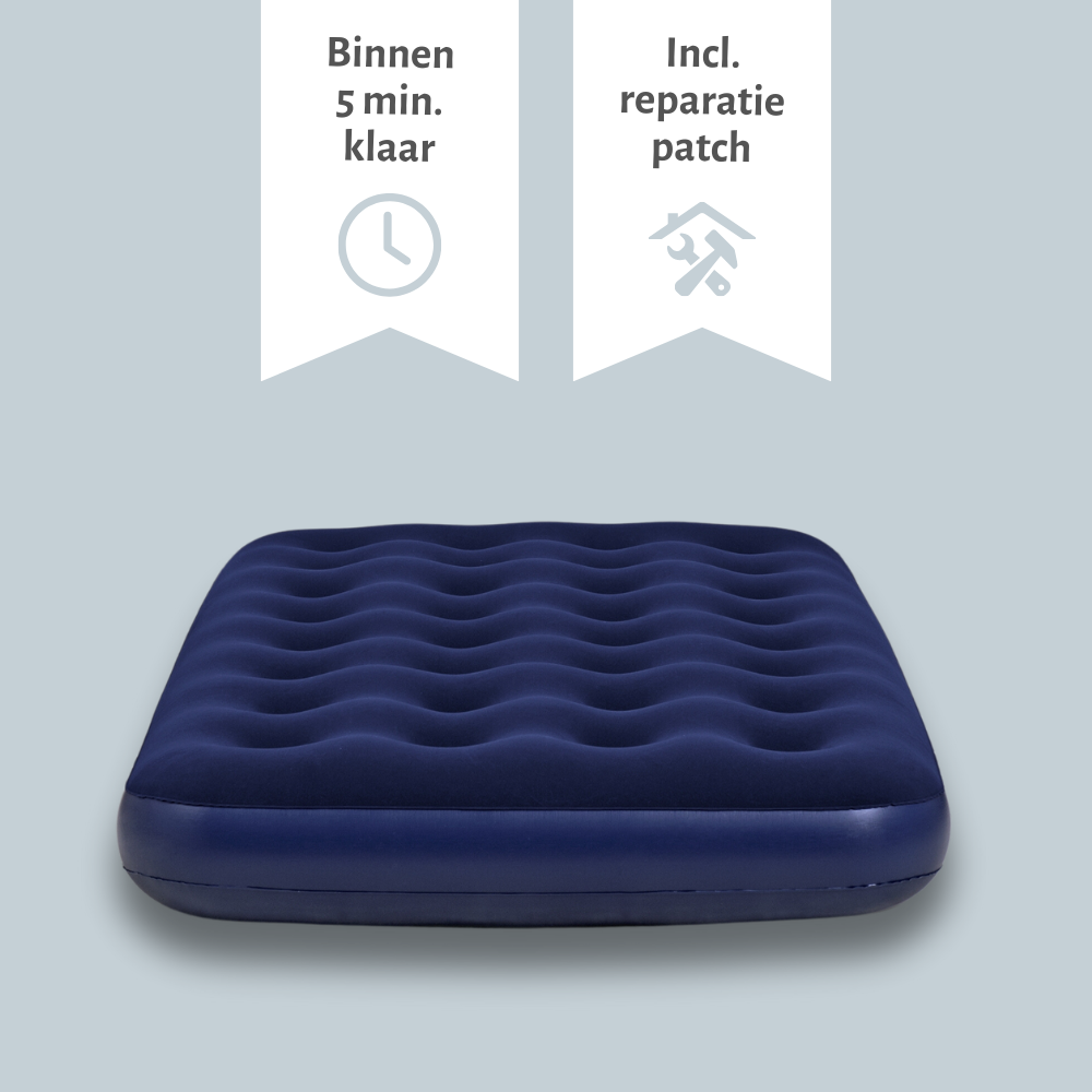 Matelas gonflable bleu avec texte indiquant qu'il se gonfle en 5 minutes.